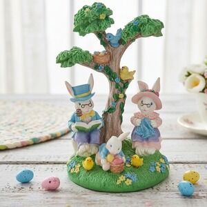 Vintage‎ 90s Easter Bunny Rabbit Family Tree Figurine Pastel Resin Holiday Decor